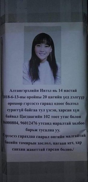 Алга болсон 14 настай охиныг хайж байна